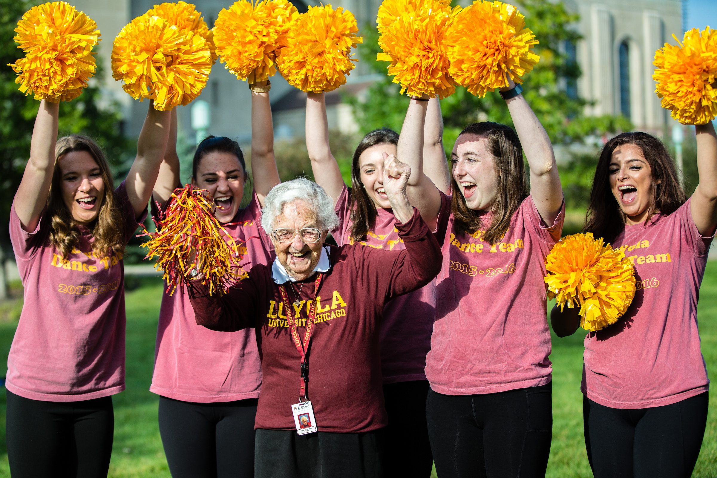 Sr. Jean Schmidt BVM joined Loyola students, faculty and staff, to film the #Givethem20Challenge from Creighton University on October 7, 2015, on the East Quad of Loyola's Lake Shore Campus.
(photo by Natalie Battaglia)