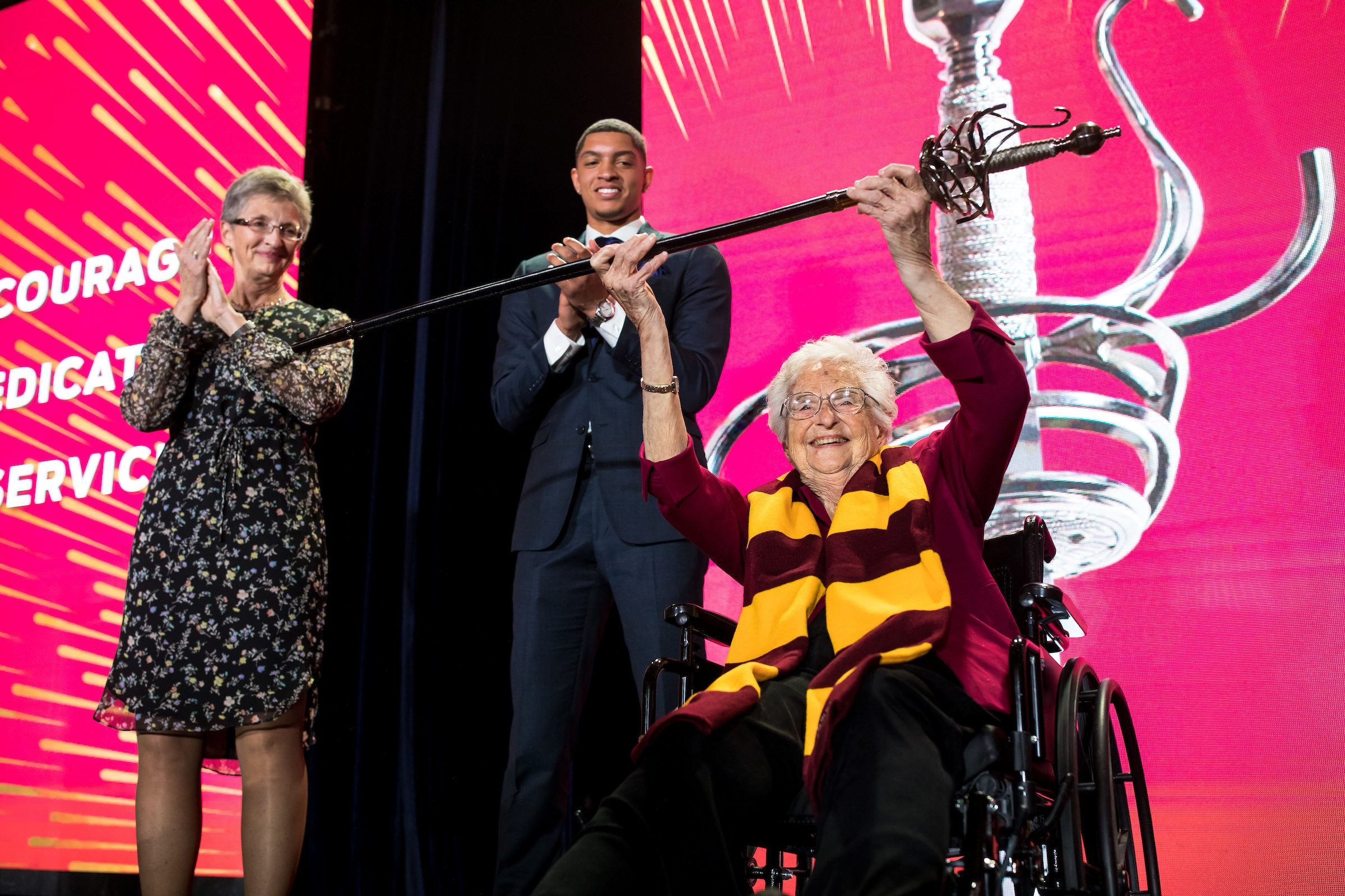 Sister Jean Dolores Schmidt, BVM, receives the Sword of Loyola at Founders' Dinner hosted at the Radisson Blu Hotel in Chicago on September 12, 2018. (Photo: Lukas Keapproth)