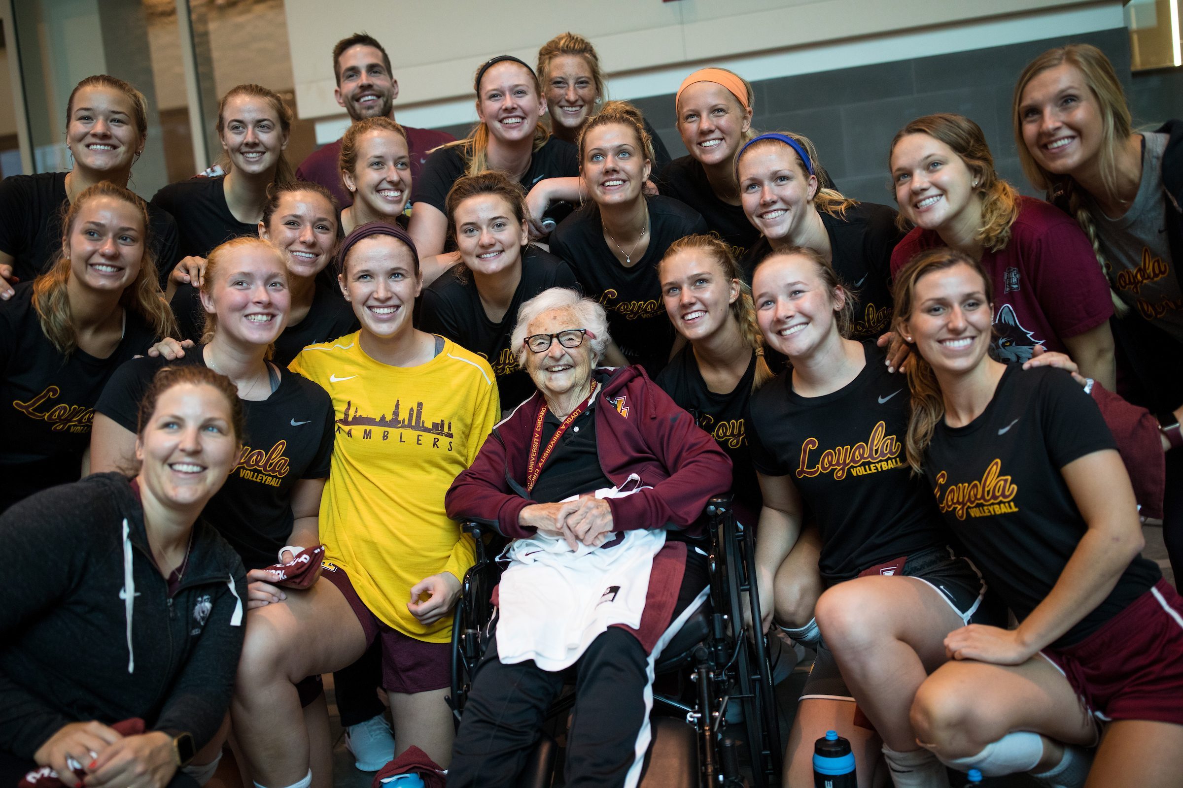 Sister Jean Dolores Schmidt celebrates her 99th birthday in the Damen Student Center on Tuesday, August 21, 2018. (Photo: Lukas Keapproth)