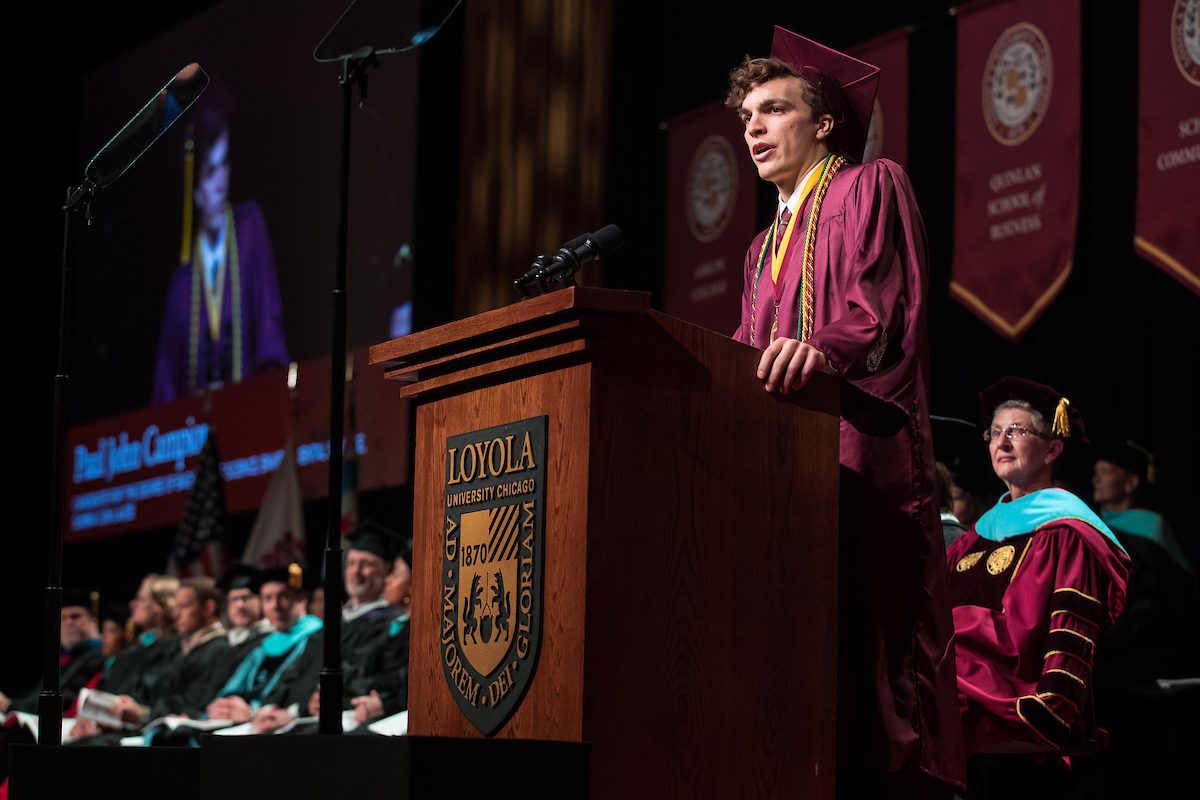 Loyola University Chicago's School of Education and Institute of Environmental Sustainability commencement ceremony was held in Gentile Arena on May 7, 2019. Brandis Griffith-Friedman, journalist and Chicago Tonight correspondent, delivered the keynote address. Katelyn Flood and Paul Campion delivered the student addresses. (Photo: Lukas Keapproth)