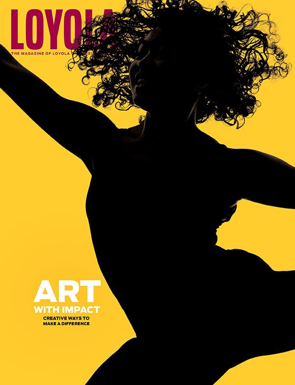 The fall 2019 Loyola magazine cover with a silhouetted dancer in motion on a gold background with the headline 