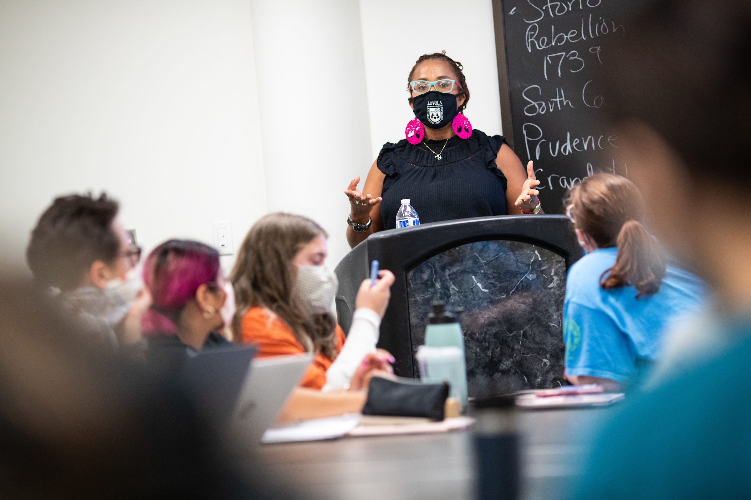 Loyola University Chicago Professor Tikia Hamilton teaches an African-American history course in the Crown Center on September 28, 2021. (Photo: Lukas Keapproth)
