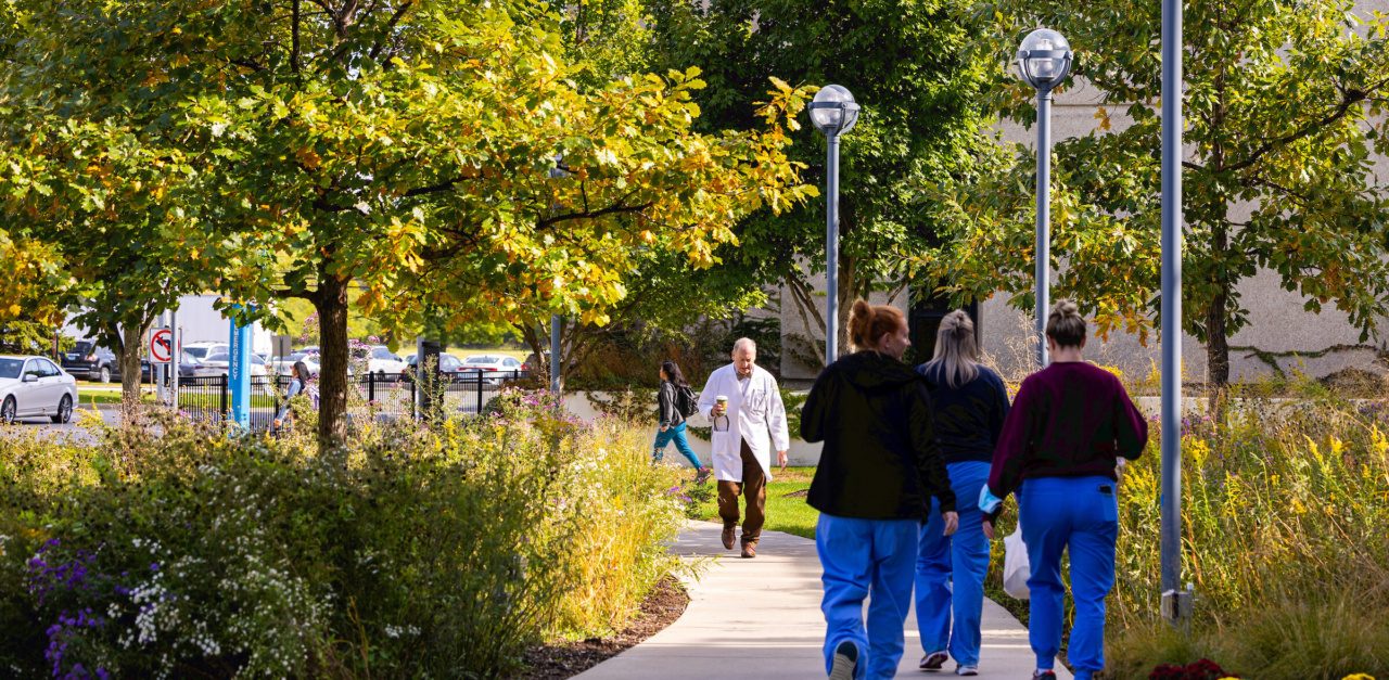Students wearing scrubs walk in a group on a sidewalk on Loyola University Chicago's Health Sciences Campus as a man wearing a white lab coat walks the opposite direction