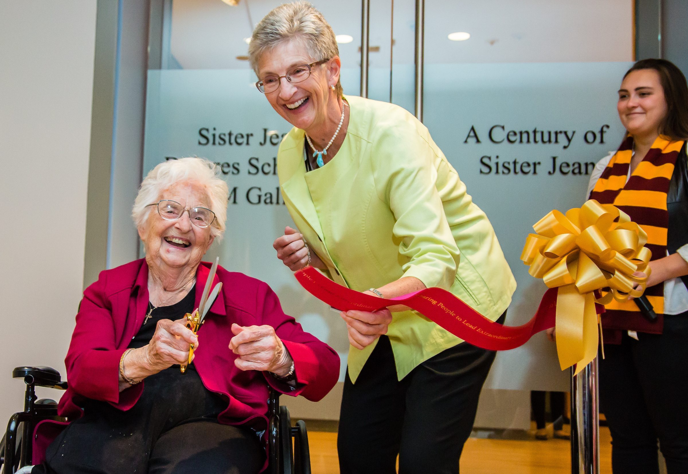 In honor of celebrating Sister Jean’s 100th birthday, guests were invited to Mass at St. James Chapel, followed by a luncheon in LUMA including a ribbon cutting and blessing of A Century of Sister Jean exhibit on August 7, 2019. (Photo: Natalie Battaglia)
