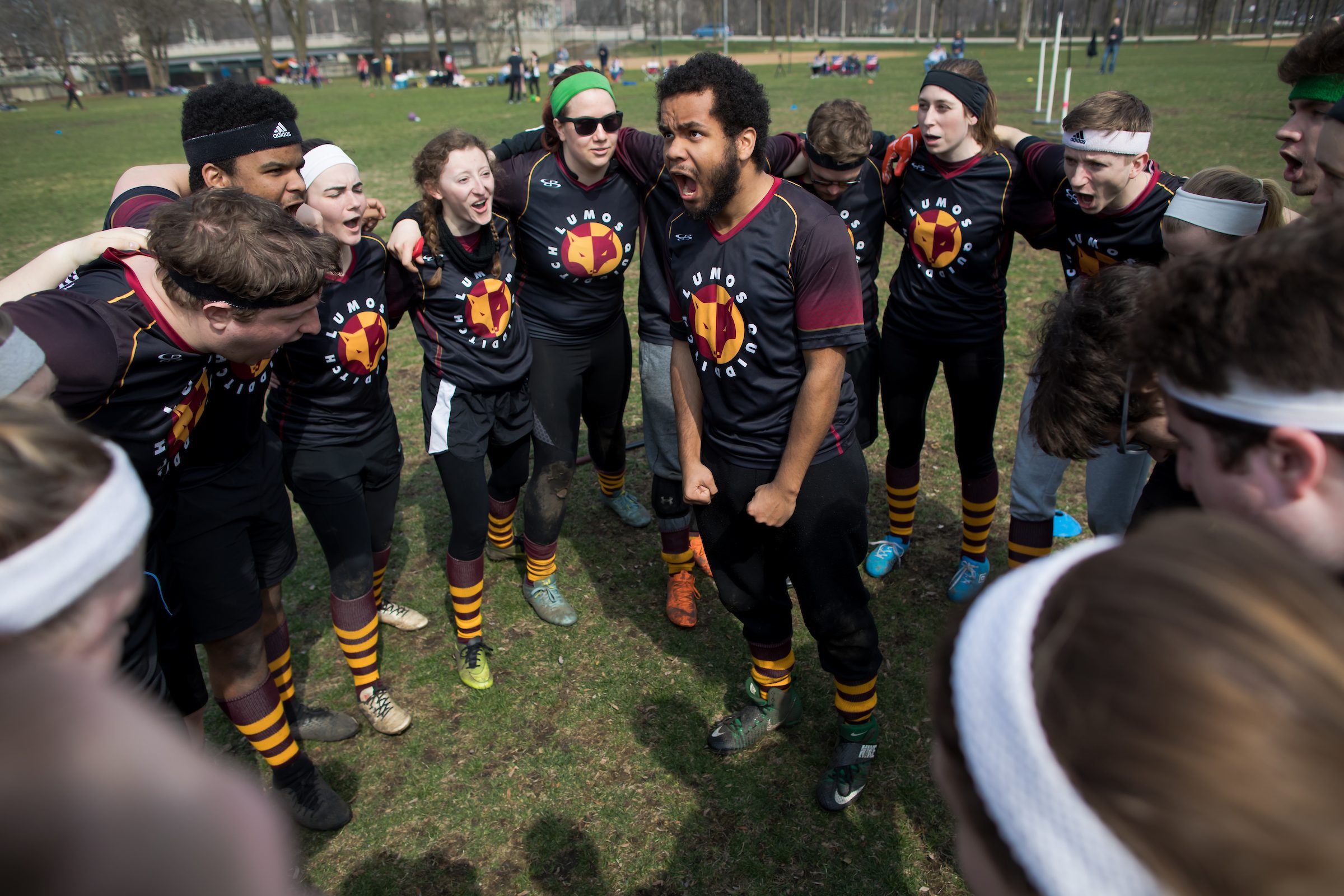Loyola University Chicago's Quidditch team competes against the University of Iowa in a tournament in Grant Park on April 6, 2019. (Photo: Lukas Keapproth)