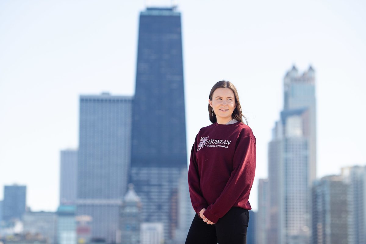 Portrait of Loyola MBA student and Baumhart Scholar, Charity Driggs (Photo by: Lukas Keapproth)