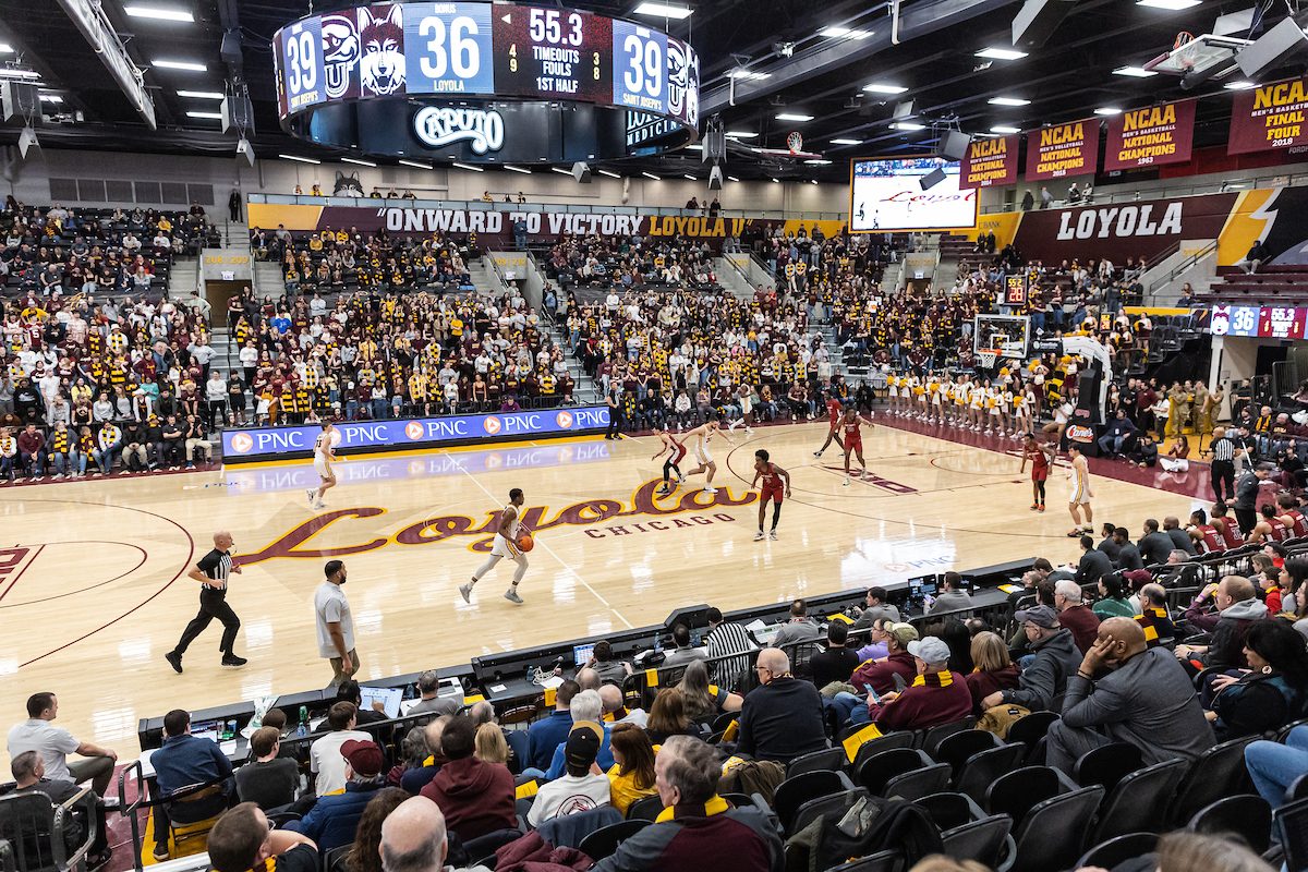 The Loyola University Chicago men's basketball team plays a game in Gentile arena with the crowd in view