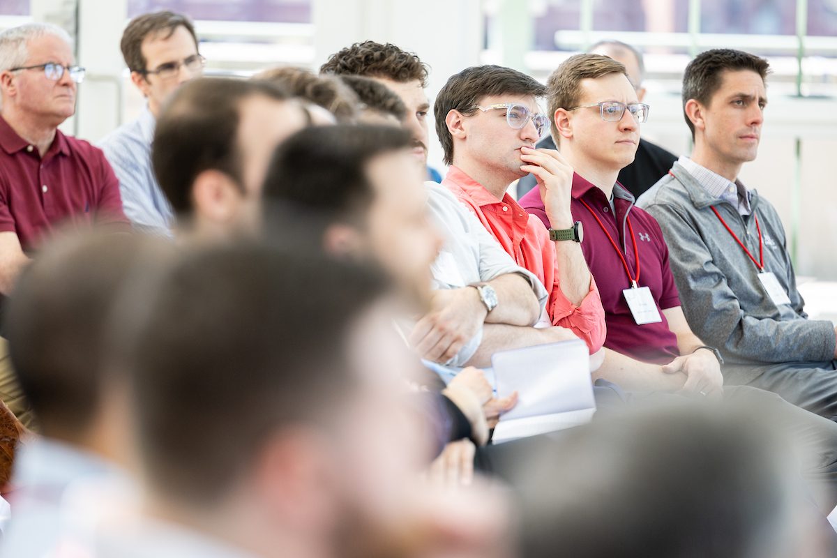 Father General Arturo Sosa takes questions from first year Jesuits in formation in Palm Court, April 13, 2024. (Photo by: Lukas Keapproth) A group of Loyola University Chicago students listen to a speaker