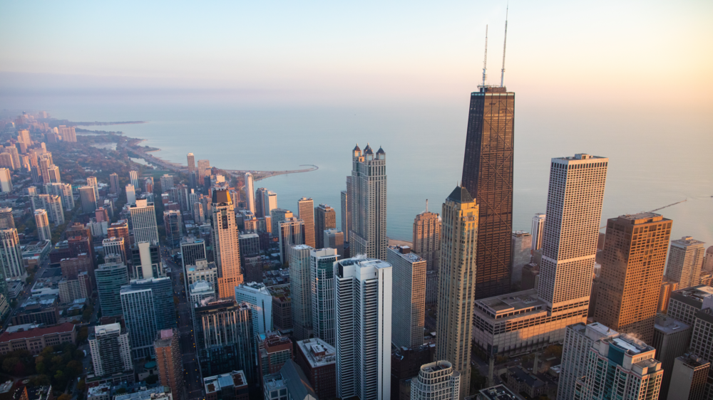 An aerial view of the Chicago skyline.