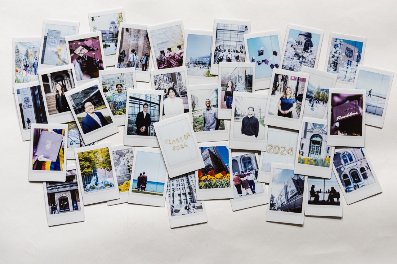 Several Polaroid photos are scattered on a white background, including portraits of Loyola University Chicago students and a set of balloons reading Class of 2024