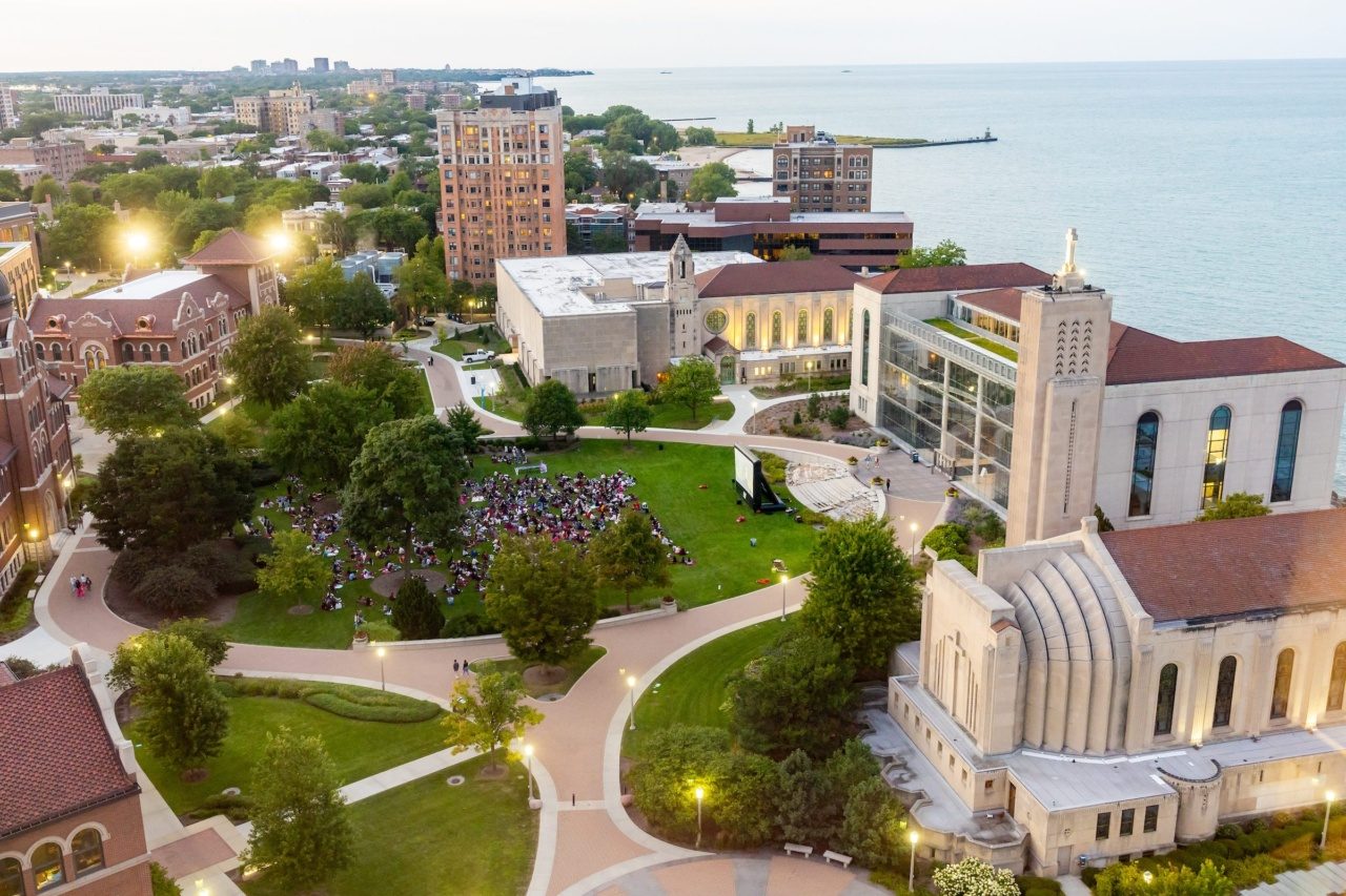 Aerial view of Lake Shore Campus at sunset. (Photo by: Lukas Keapproth)