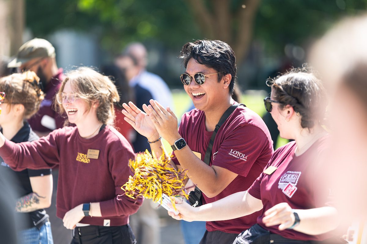 The Loyola University Chicago community welcomes the Class of 2028 during the New Student Convocation Walk on August 23, 2024. (Photo by: Lukas Keapproth)
