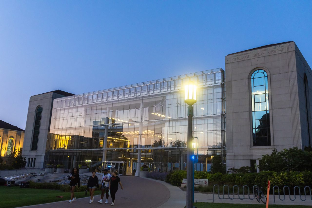 Exterior of Information Commons Library at sunset. (Photo by: Lukas Keapproth)