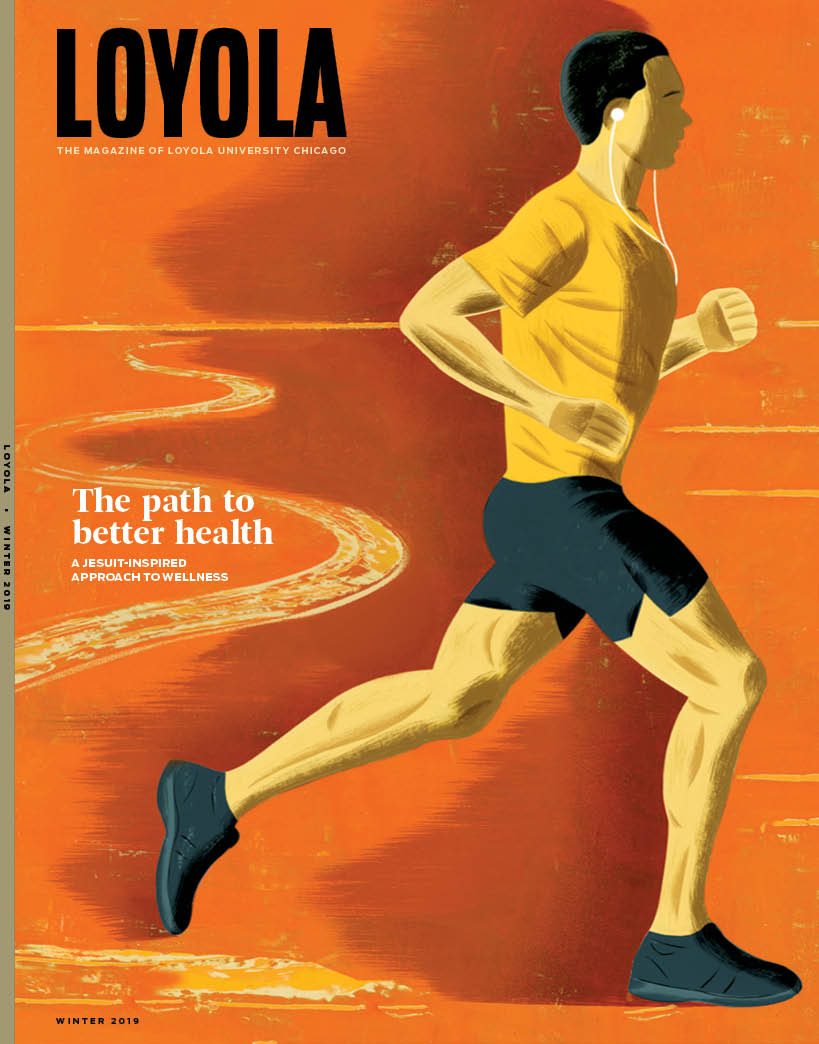 Magazine cover with an illustration of a man running on a path