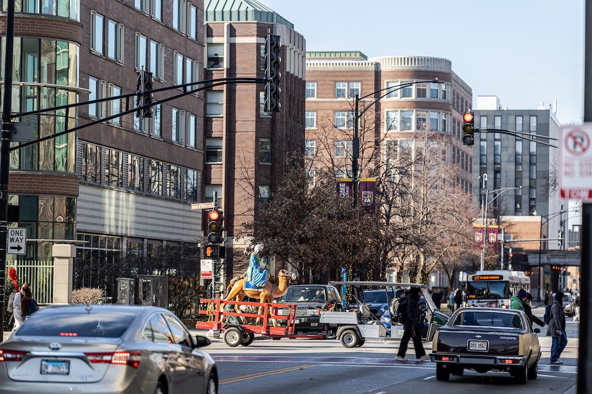 Workers in the Facilities Department begin constructing the manger scene along Sheridan Avenue as well as placing the three wisemen around campus to symbolize their journey to Jesus' birthplace in preparation for Christmas. (Photo: Lukas Keapproth)