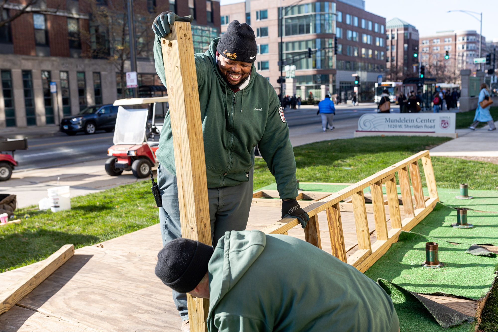 Workers in the Facilities Department begin constructing the manger scene along Sheridan Avenue as well as placing the three wisemen around campus to symbolize their journey to Jesus' birthplace in preparation for Christmas. (Photo: Lukas Keapproth)
