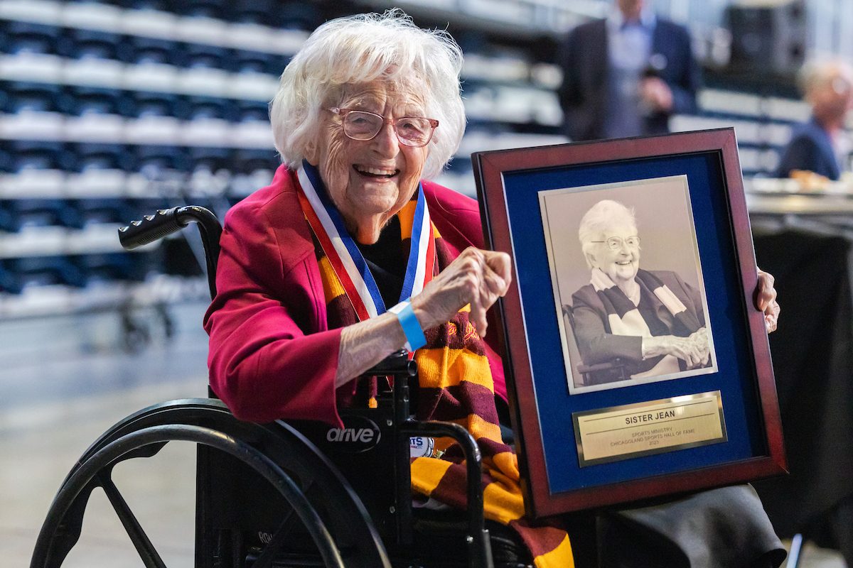 The Chicagoland Sports Hall of Fame inducts Sister Jean at Wintrust Arena. (Photo: Lukas Keapproth)