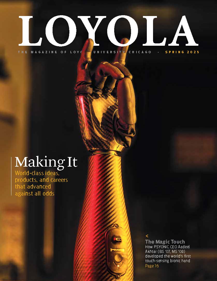 A cover of Loyola magazine features a bionic hand making the Rambler wolf symbol with maroon and gold lighting