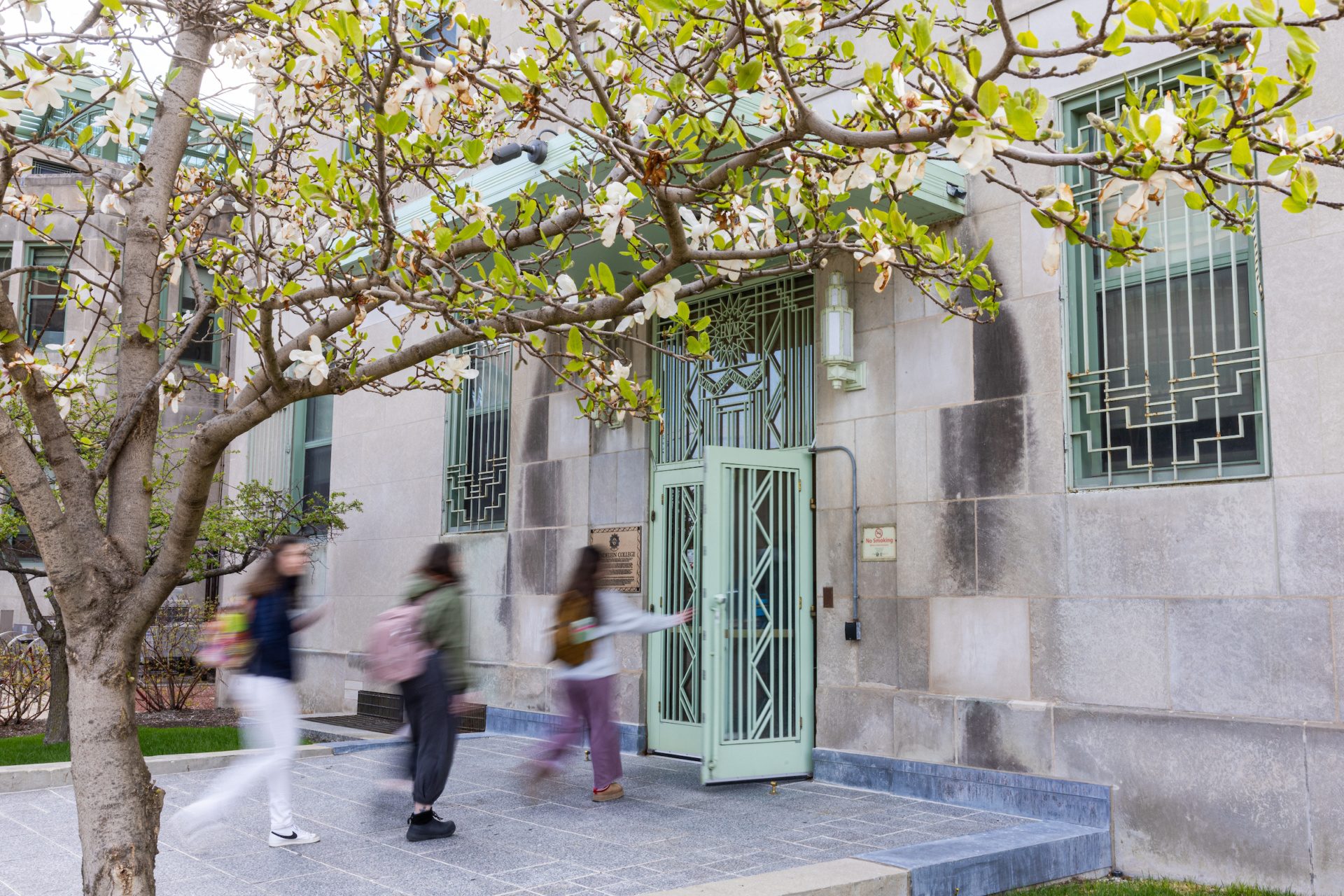 Spring trees bloom on the Lake Shore Campus as students enter Mundelein Center for Fine and Performing Arts.