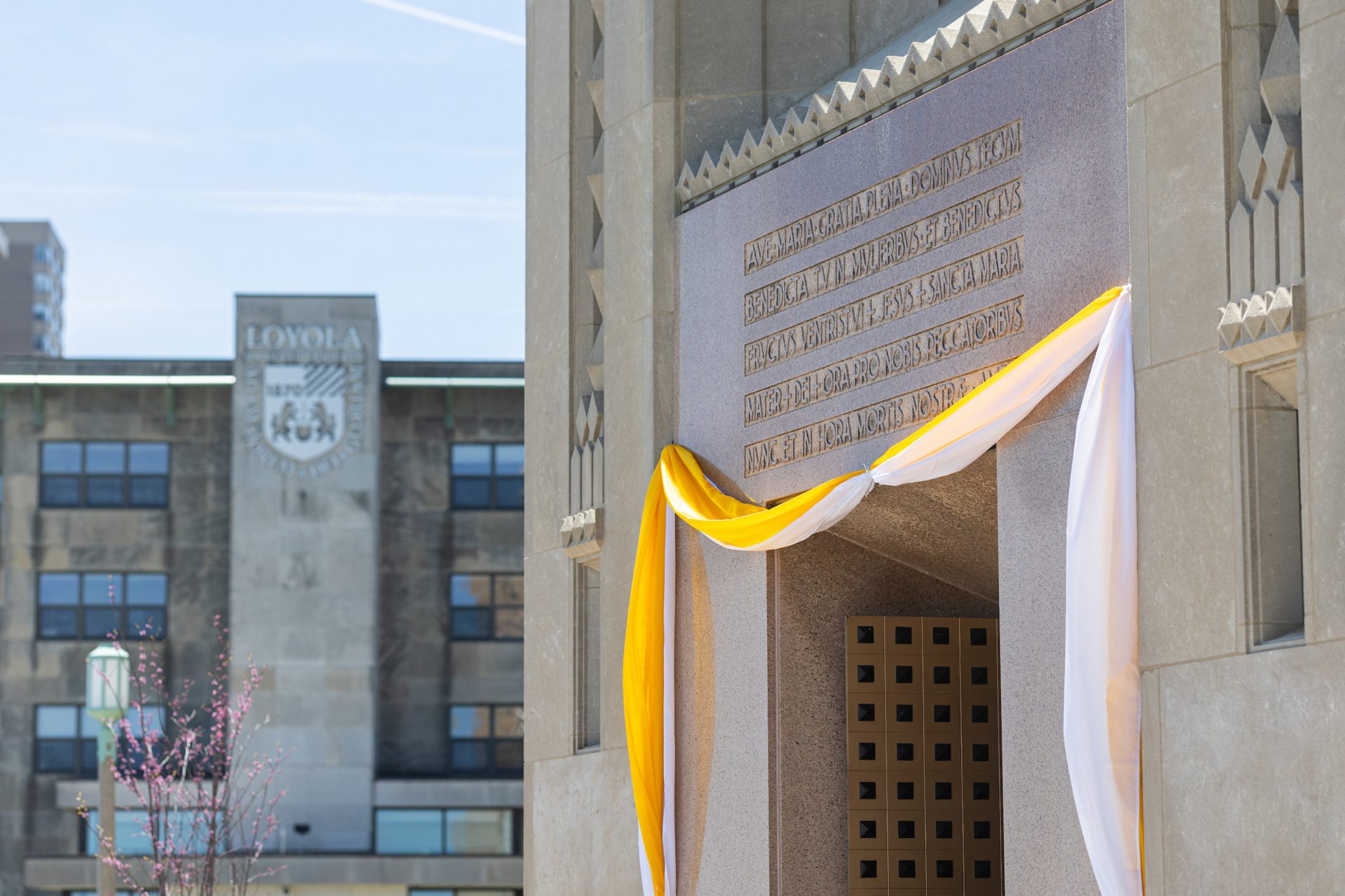 Celebratory bunting appears on Madonna della Strada Chapel on Loyola University Chicago's Lake Shore Campus.