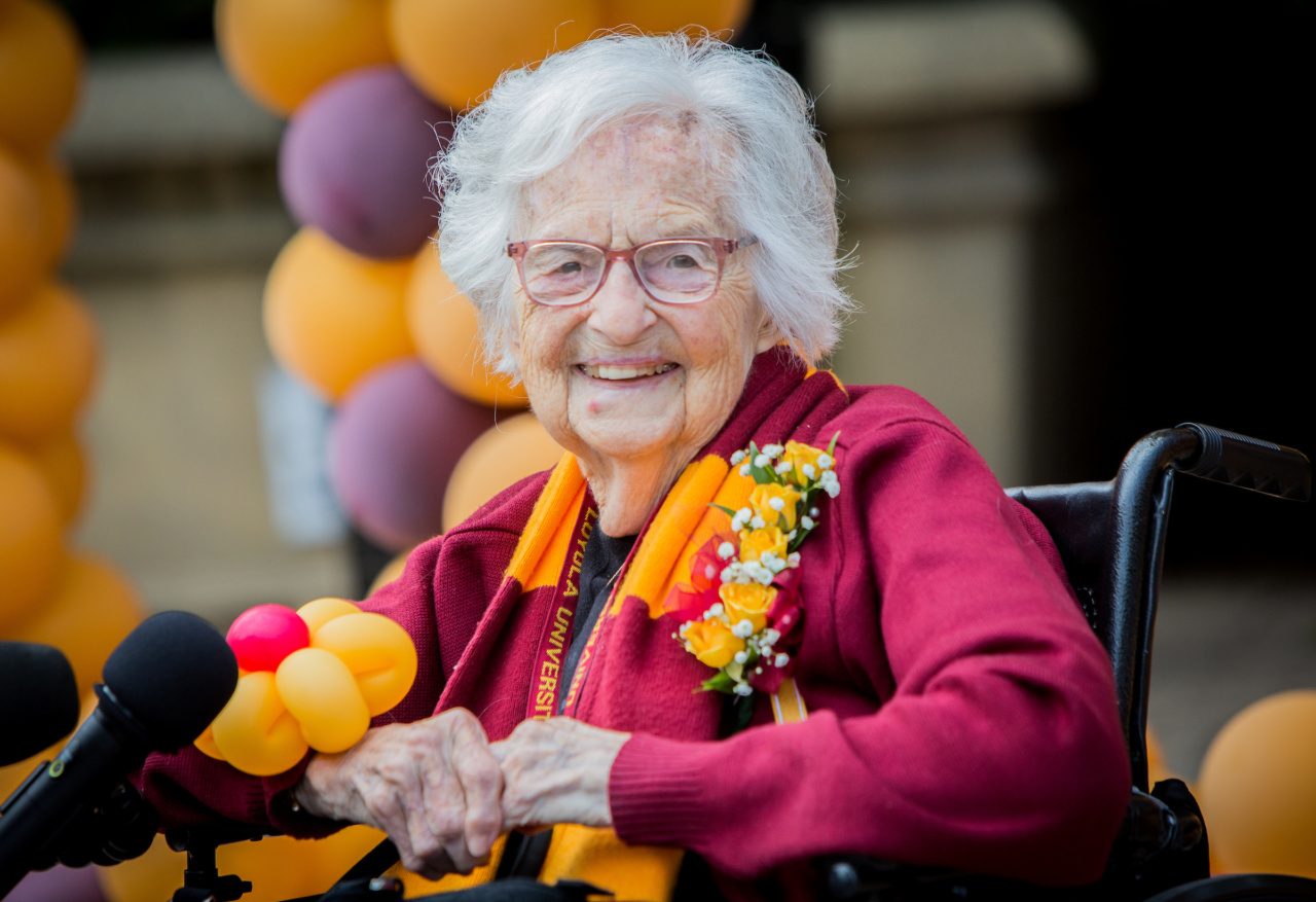 Sister Jean Dolores Schmidt, BVM, on her birthday in 2023.