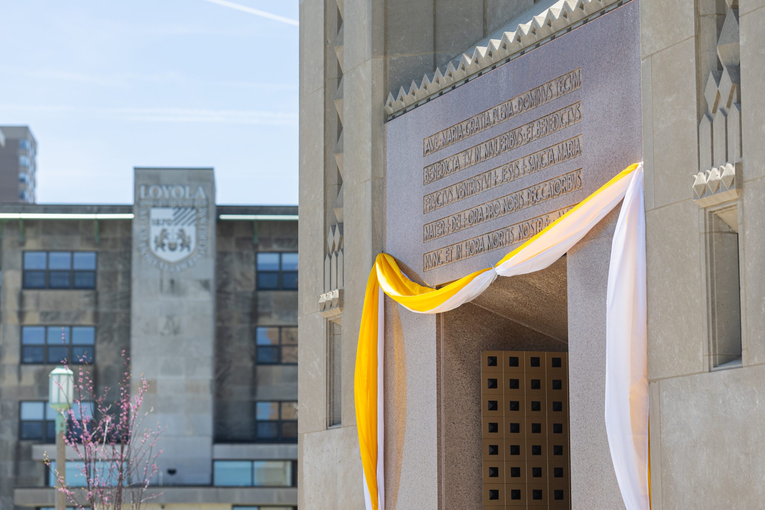 Celebratory bunting is placed at the entrance to Madonna della Strada Chapel after the announcement of Pope Leo XIV on May 9, 2025. (Photo: Lukas Keapproth)