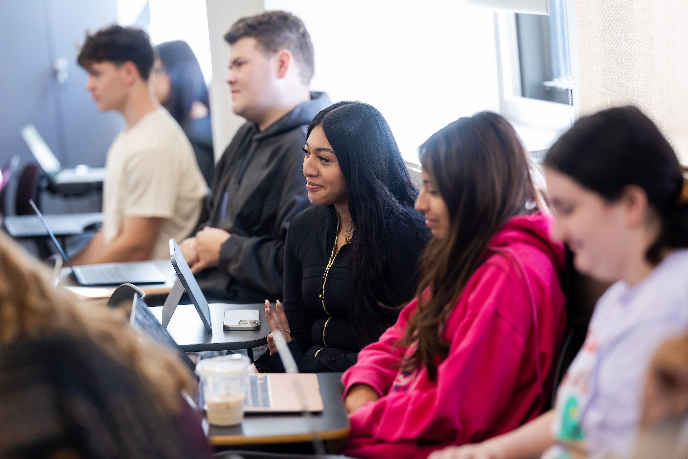 First-year Marcella Niehoff School of Nursing students listen during faculty member Matthew Bruder's lecture in Human Anatomy and Physiology 1 Theory on the first day of classes for the Fall 2025 semester.
