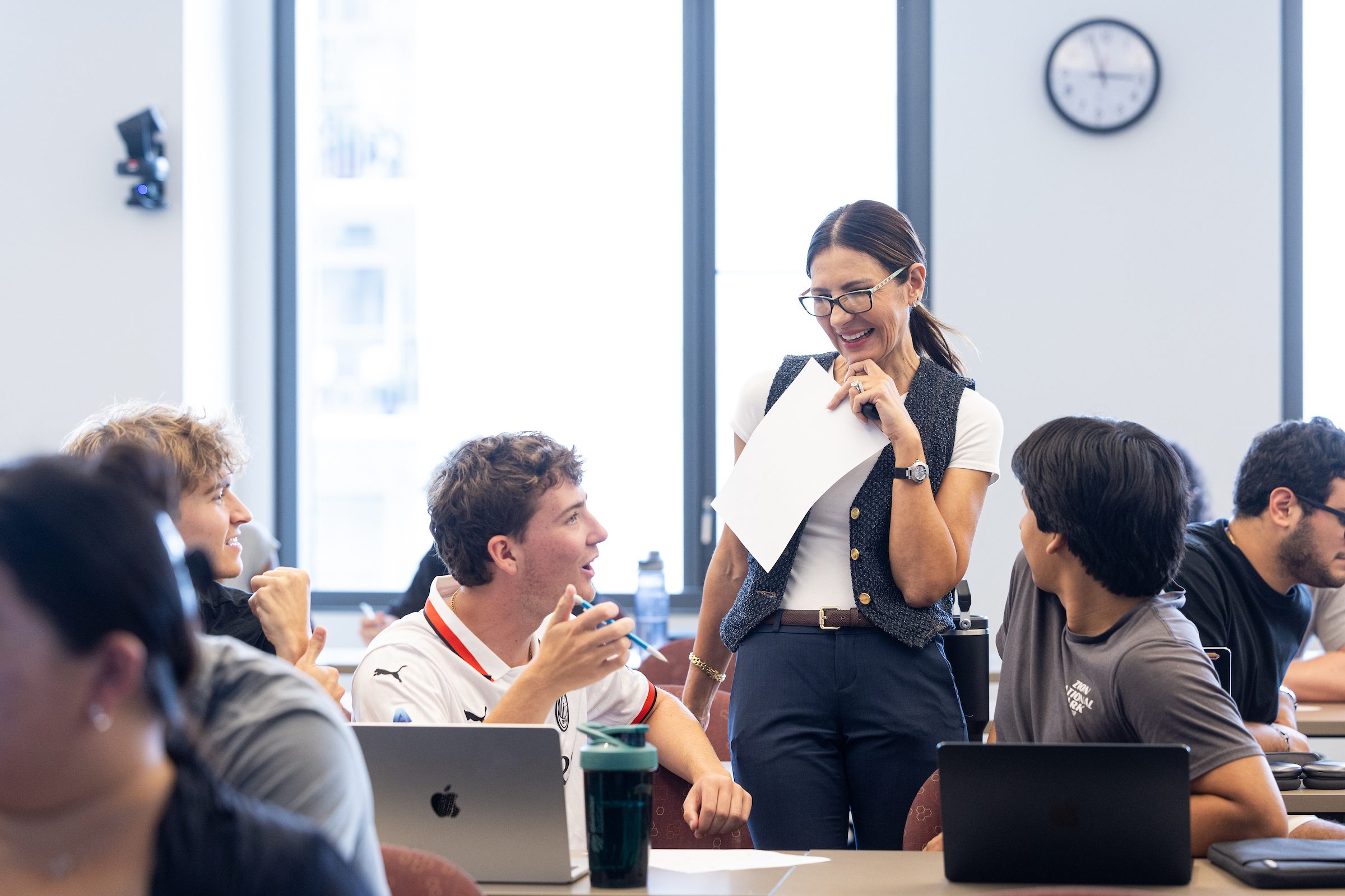 Maha Halabi-Ditsch, lecturer in the Quinlan School of Business, teaches a supply chain management course in the Schreiber Center.