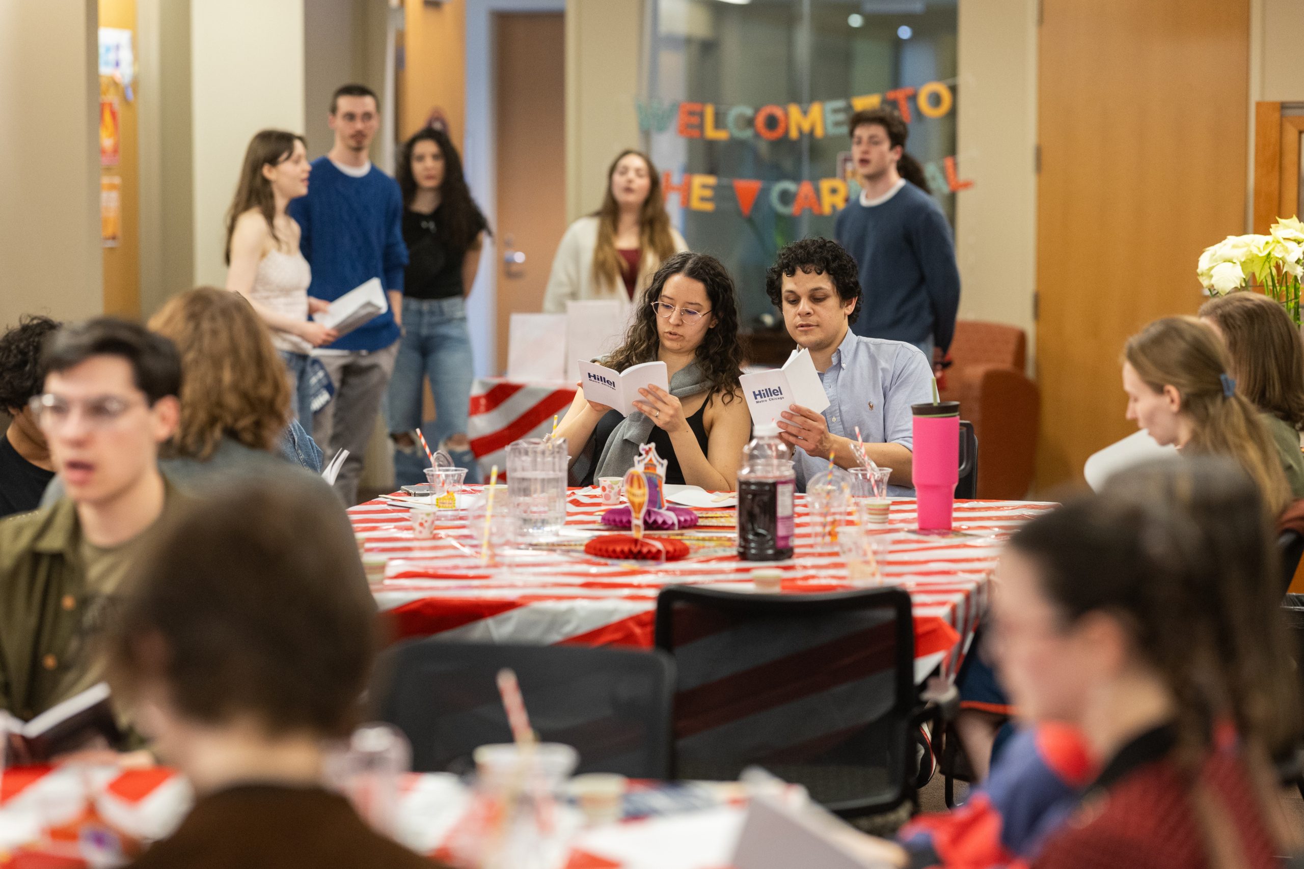 Members of the Jewish community participate in a Shabbat dinner, hosted by the Jewish Student Association and Hillel.