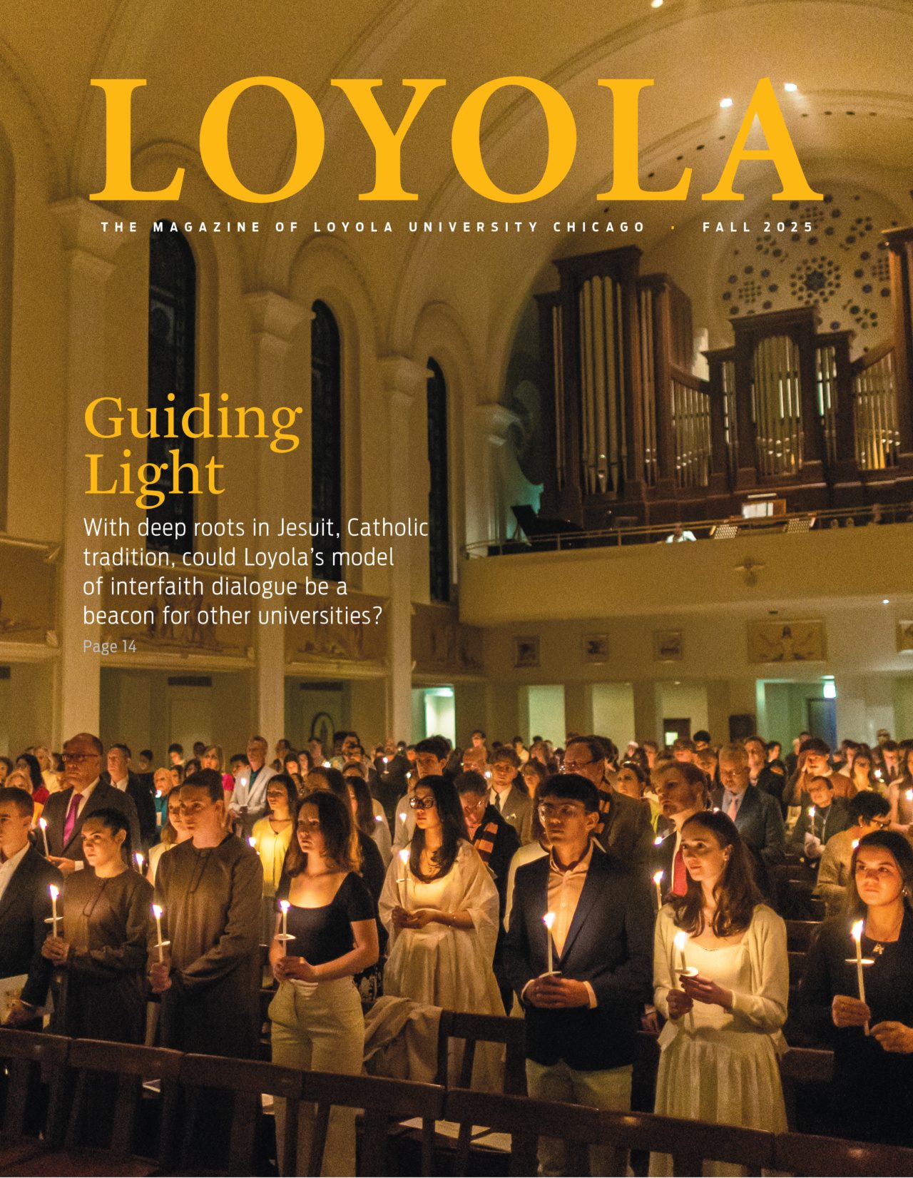 Loyola magazine cover showing Loyola University Chicago students holding candles and gathered for mass in a chapel with a pipe organ in the background