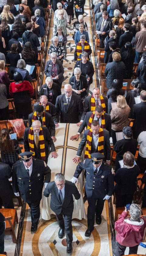 The Loyola University Chicago community gathers to celebrate the life of Sister Jean Dolores Schmidt, BVM, at Madonna della Strada chapel on October 16, 2025. (Photo: Lukas Keapproth)