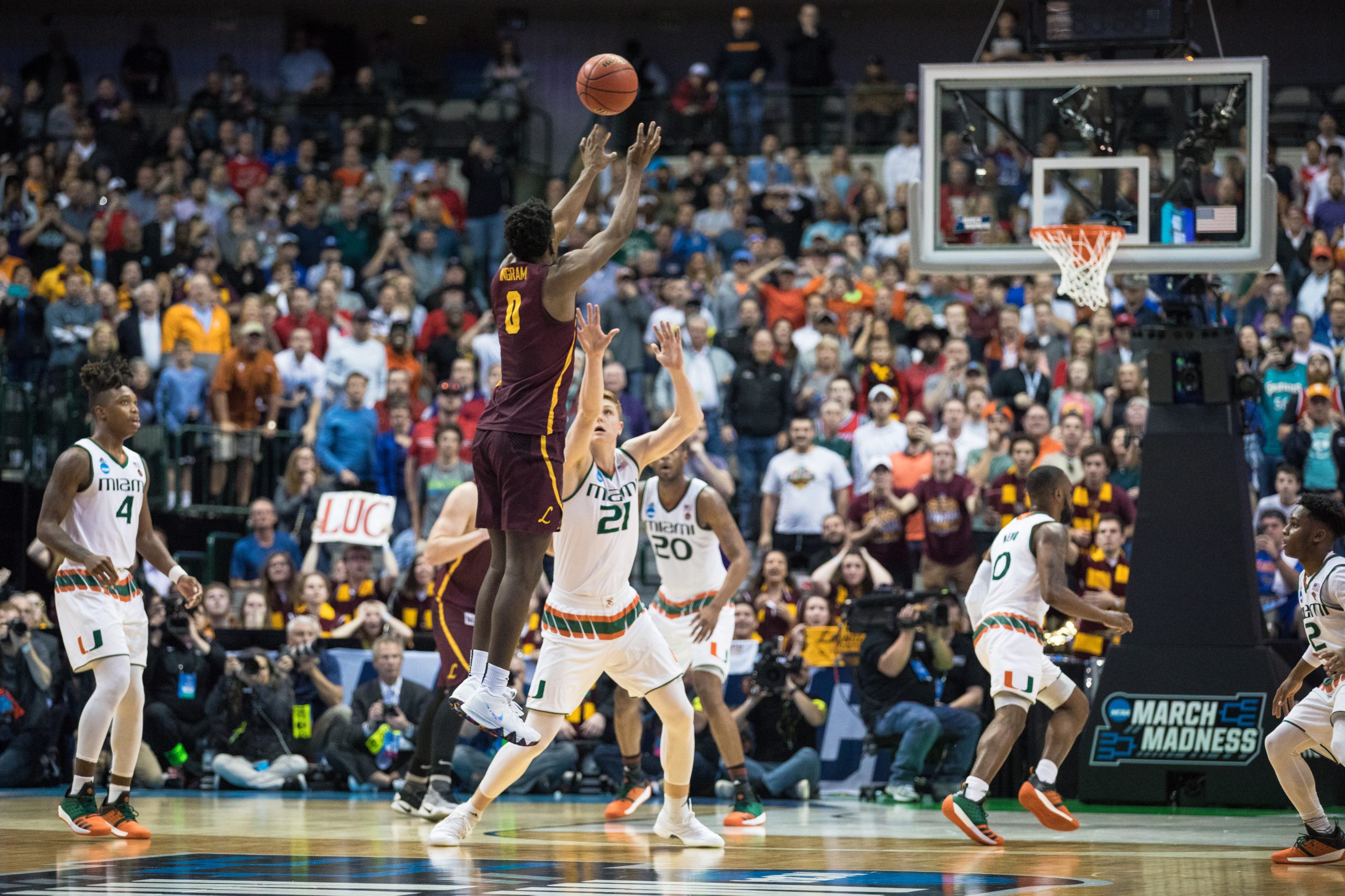 Ramblers men's basketball player Donte Ingram hits a game-winning three-pointer in the first round game of the NCAA Tournament against the University of Miami at the American Airlines Center in Dallas, Texas.