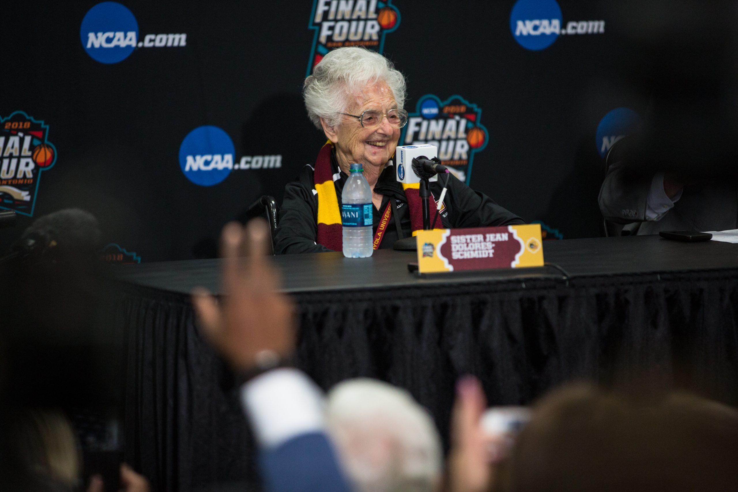 Sister Jean Dolores Schmidt, BVM, holds a press conference at the Final Four NCAA Tournament in San Antonio, on Friday, March 30, 2018. (Courtesy of Loyola University Chicago)