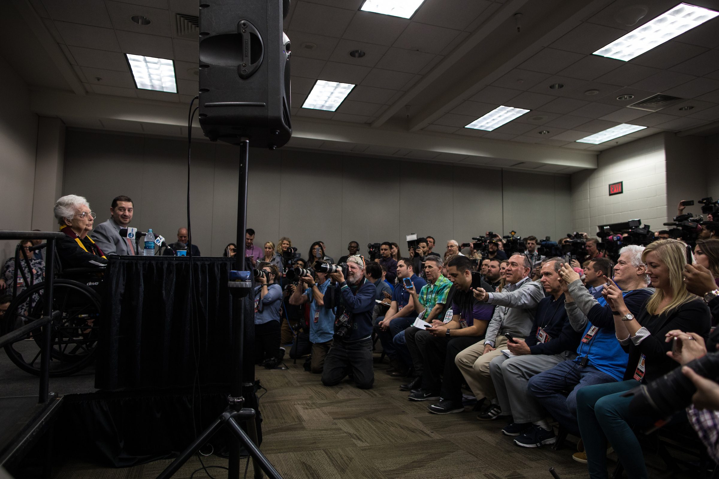 Sister Jean Dolores-Schmidt holds her press conference at the Final Four NCAA Tournament in San Antonio, Texas, on March 30, 2018. She is the first woman in the history of the tournament to hold her own press conference. (Photo: Lukas Keapproth)
