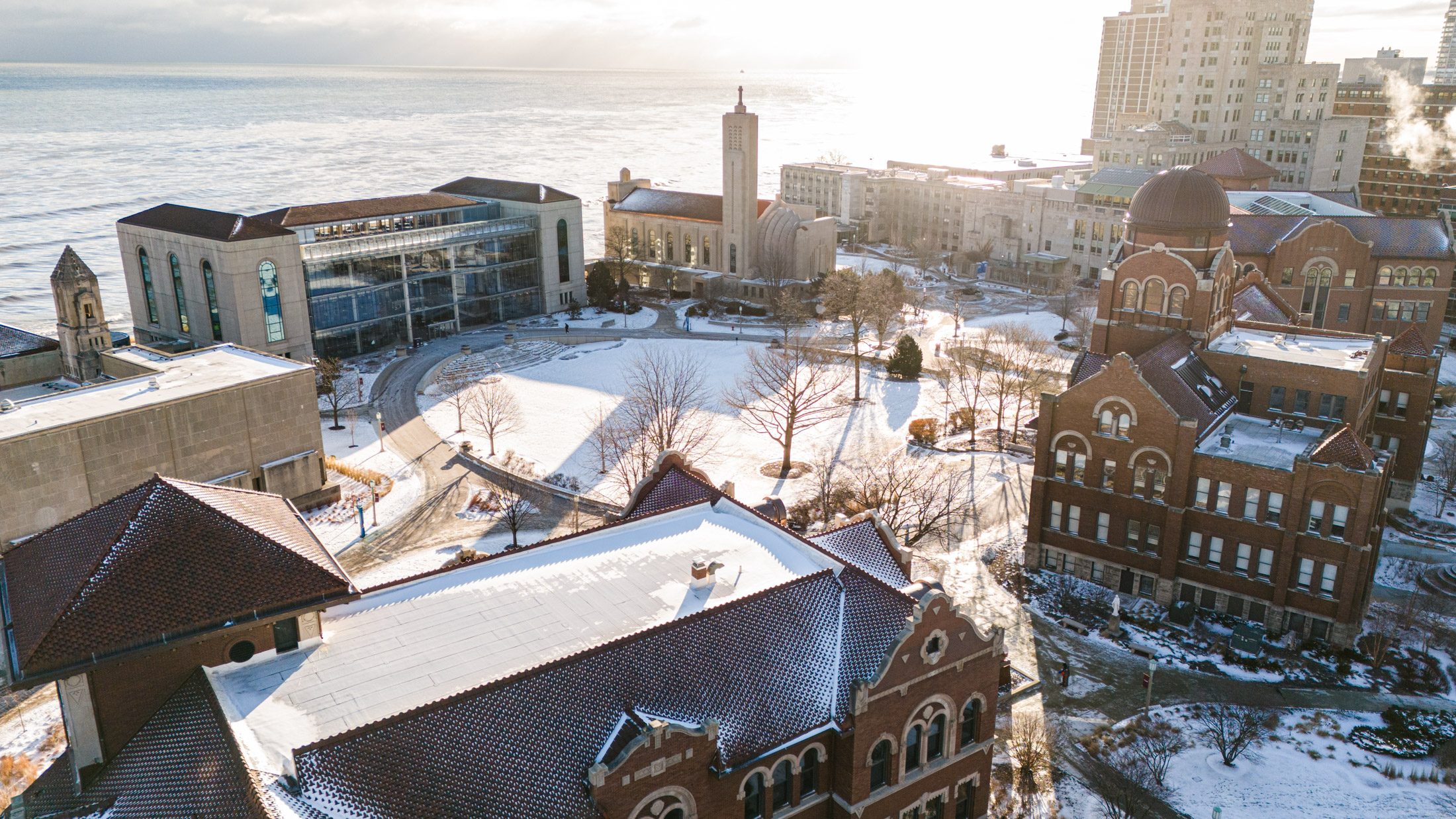 Fresh snowfall and a beaming sunrise welcomes students back to Lake Shore Campus on the first day of classes for the 2026 spring semester.