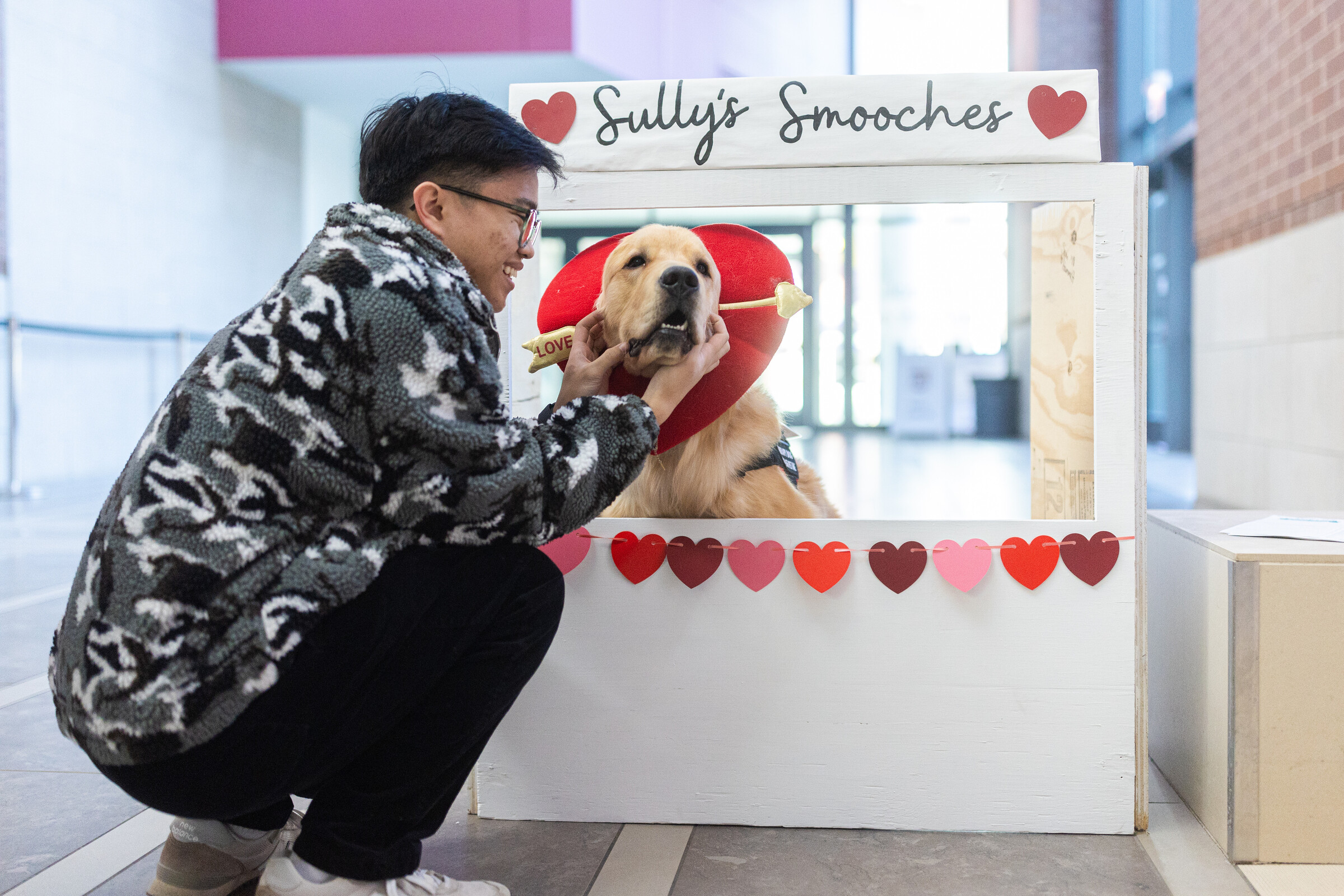 Sully the Therapy Dog greets students for Valentine's Day in the Damen Student Center.