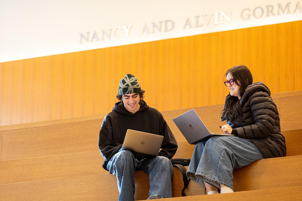 Two students study on laptops in the Schreiber Center during the first week of spring semester classes on January 14, 2025.