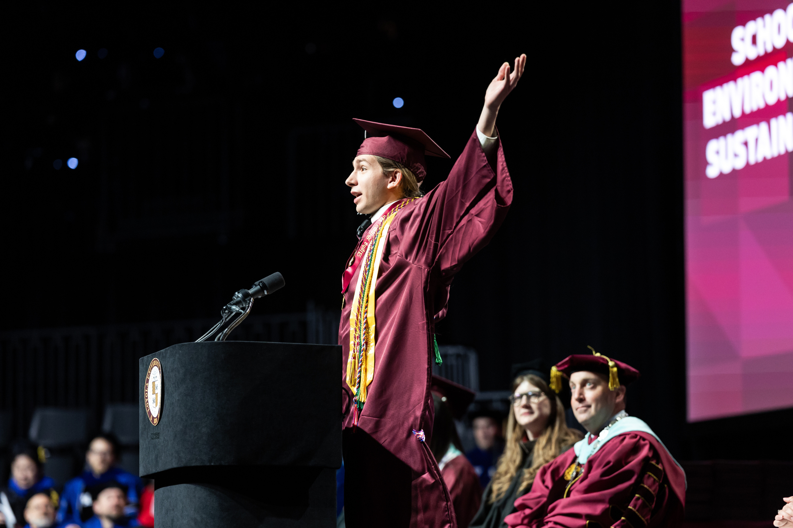 Ian Sloey (BA '26) gives a speech at the Commencement ceremony for the School of Education and the School of Environmental Sustainability on May 5, 2026, in Gentile Arena.