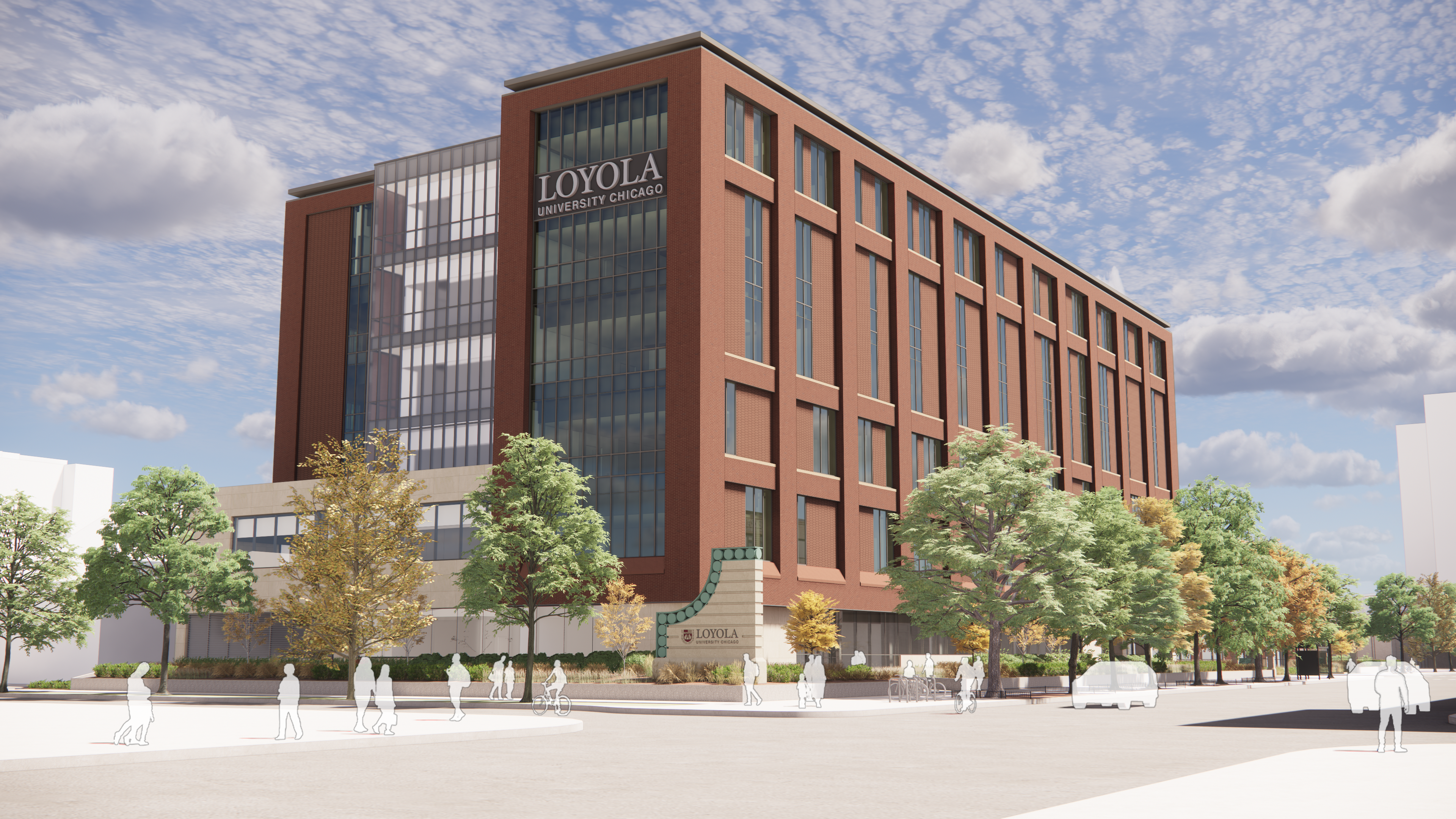 A March 2026 rendering shows 1144 West Loyola, a seven-story nursing and sciences education facility from the northwest corner of Sheridan Road on Loyola University Chicago's Lake Shore Campus. 