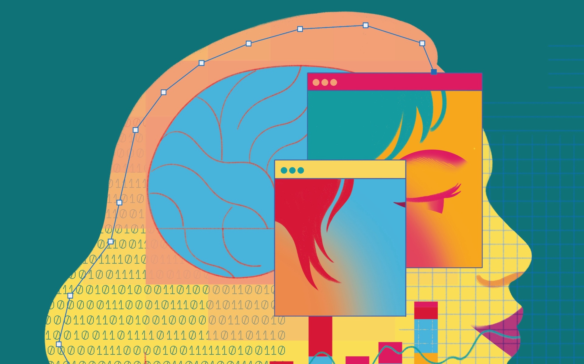 an illustration of a woman's head full of browser windows, sound bytes, audio levels, and computer folders