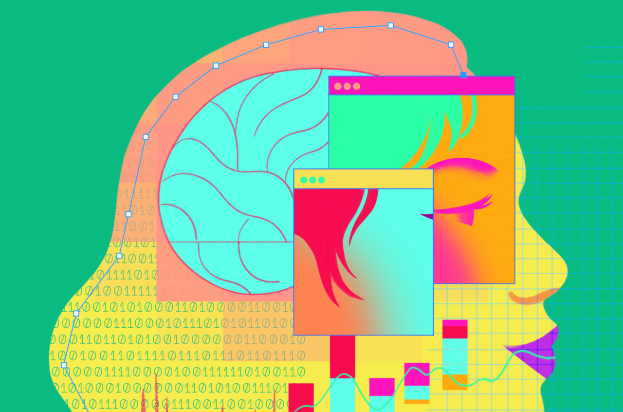 an illustration of a woman's head full of browser windows, sound bytes, audio levels, and computer folders