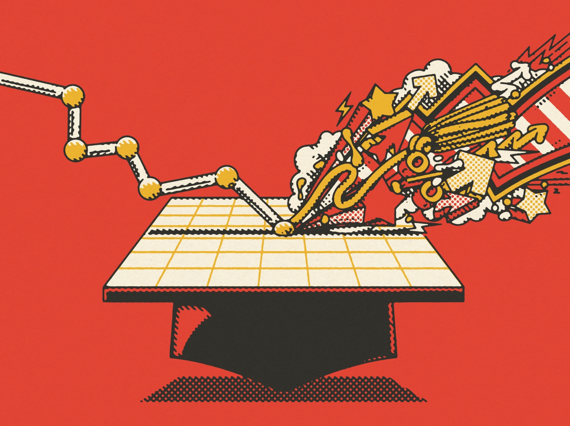 An illustration of a graduation cap with a downward trendline spiking upward with the tassel
