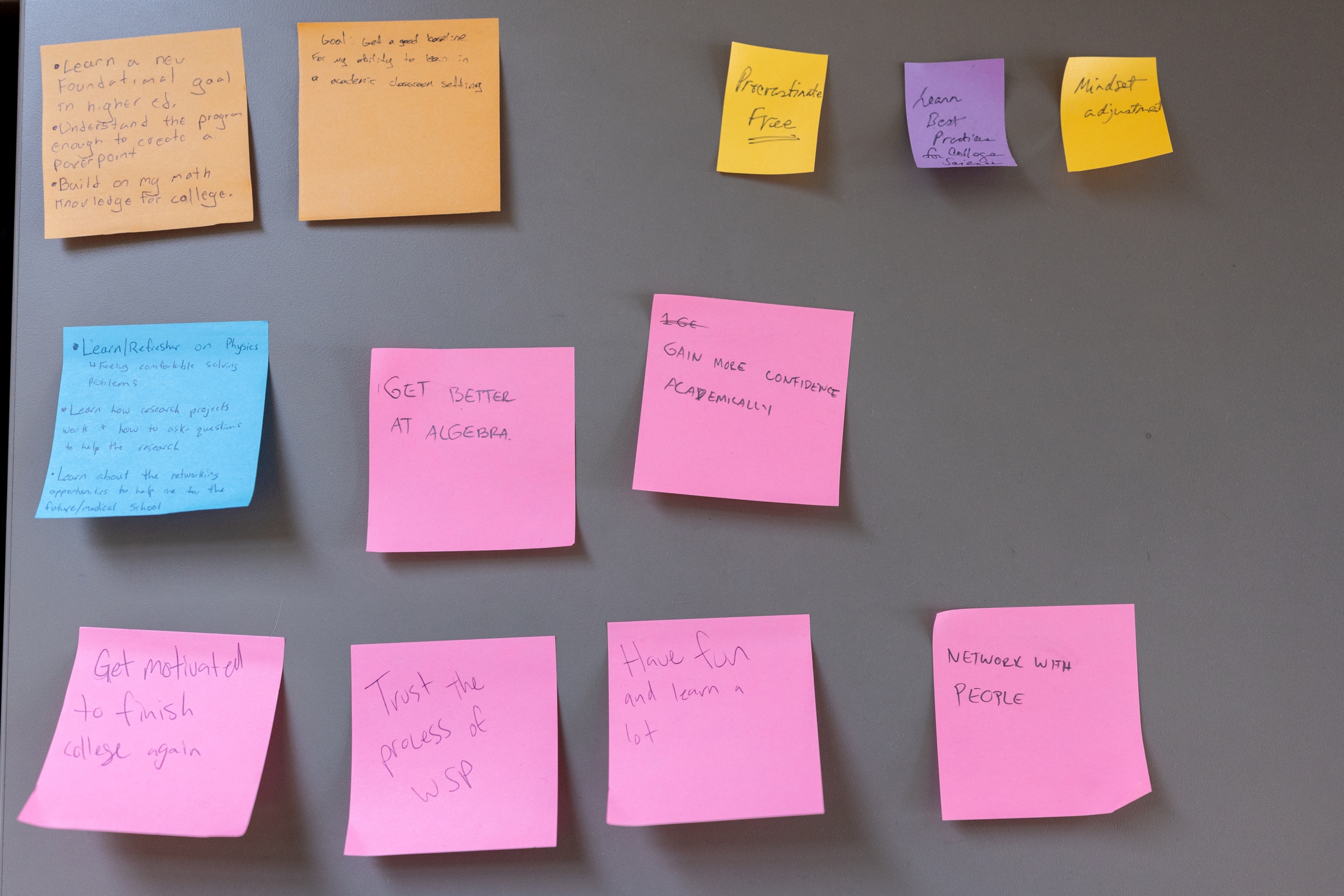 Participants of the Warrior-Scholar Project boot camp at Loyola wrote and displayed their goals for the weeklong program. (Photo: Lukas Keapproth)