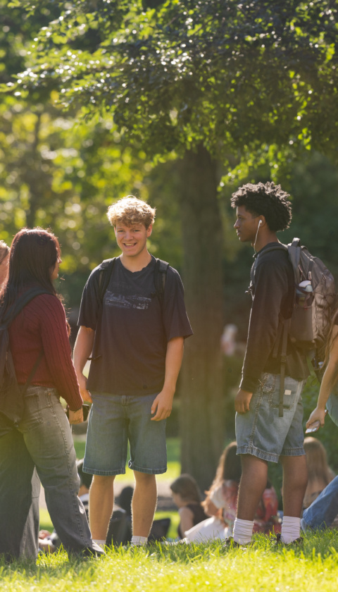 A group of Loyola University Chicago students talk outdoors on campus on a sunny day