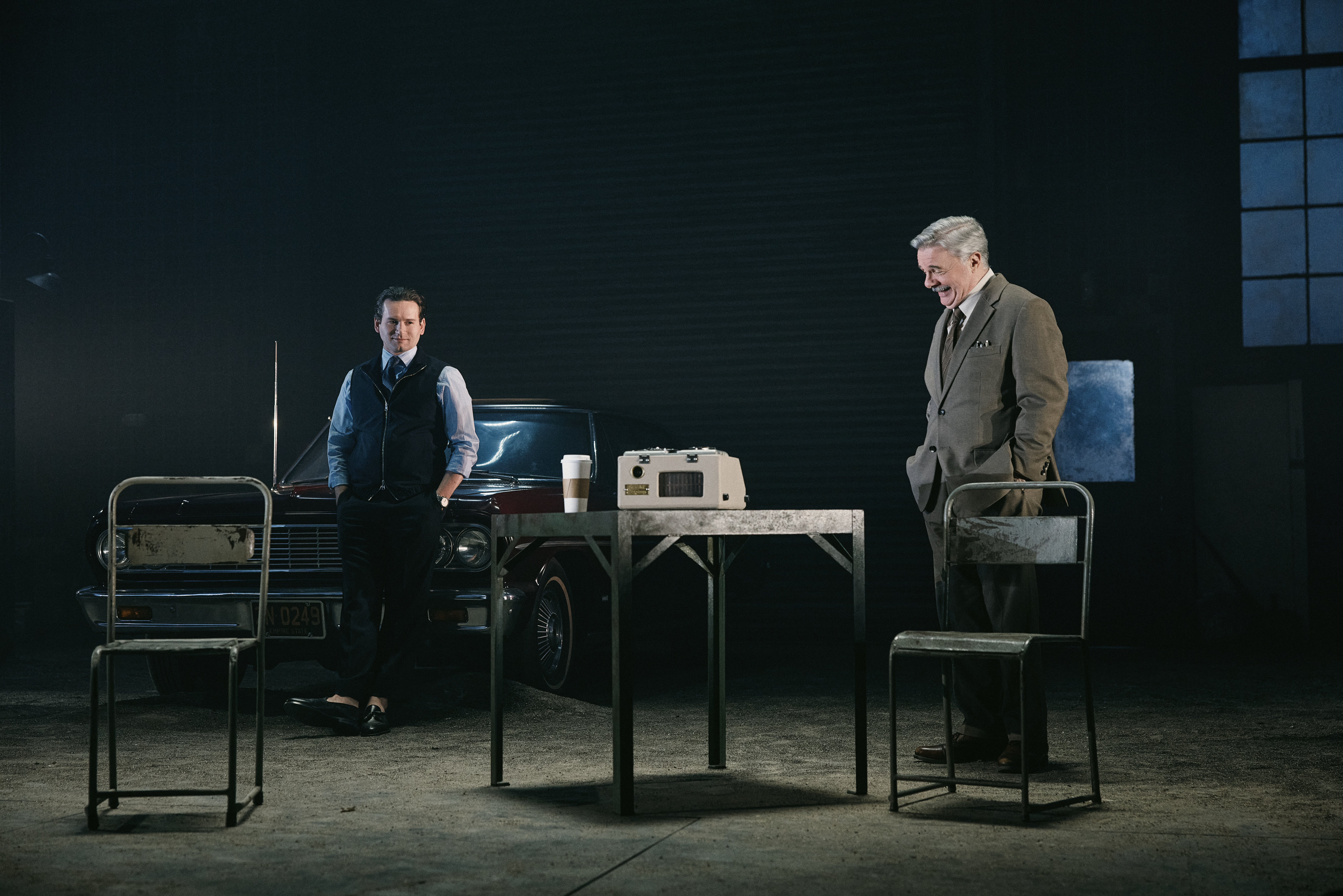 John Drea (BA '20), starring as Howard Wagner, performs on stage alongside Nathan Lane as Willy Loman, in 