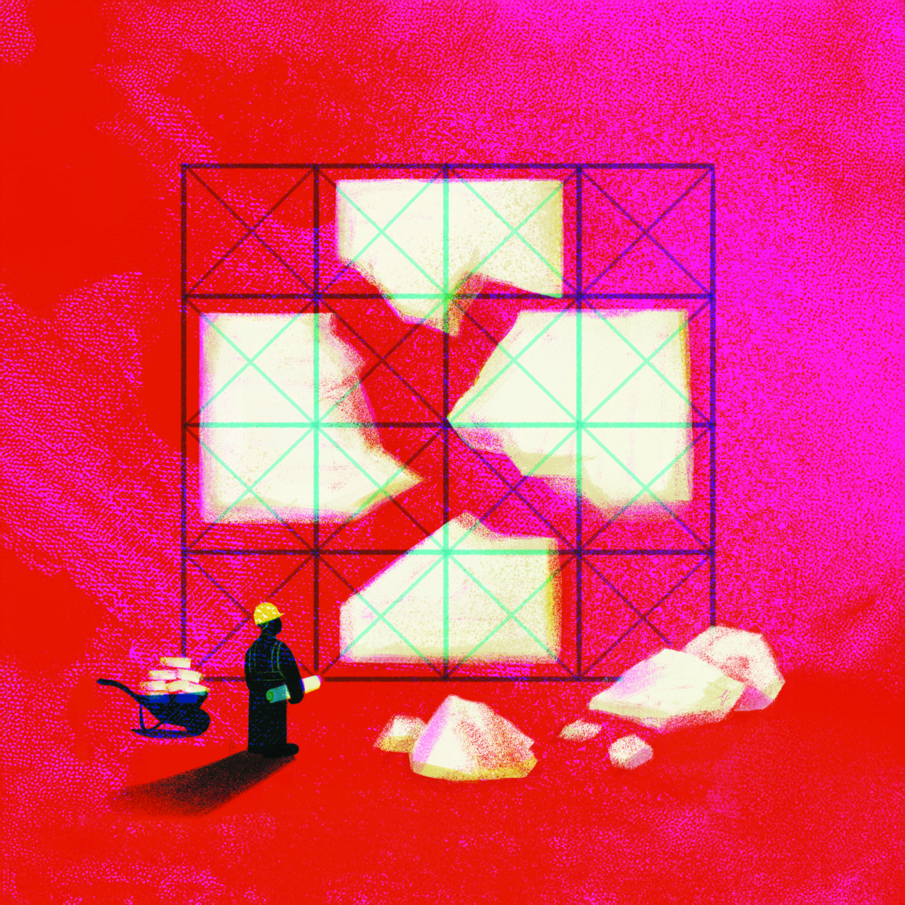 An illustration shows a man in a white builder hat in front of a broken white cross on a red background