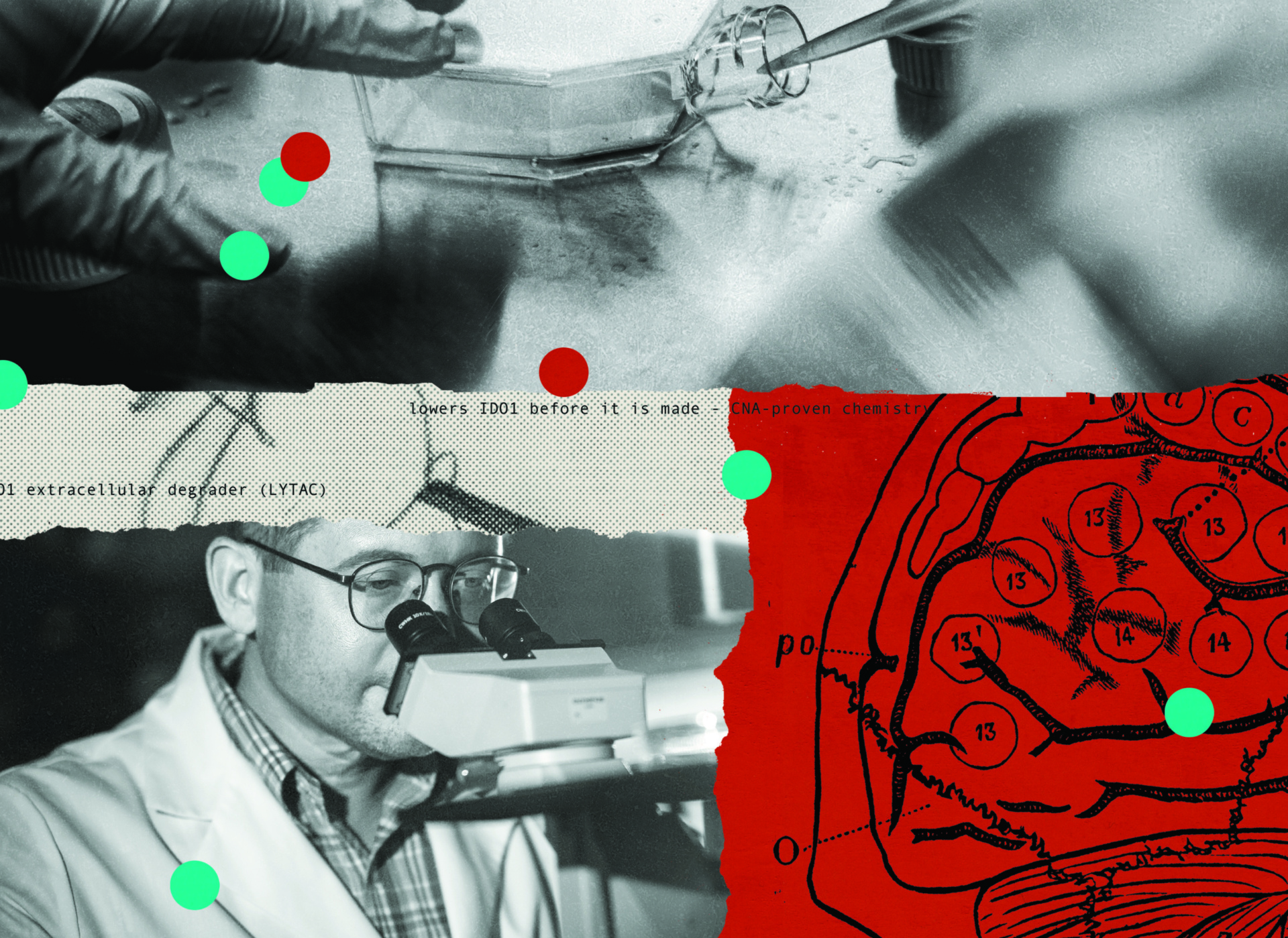 A collage-style photo illustration of hands using a pipette to take a sample and a man wearing glasses and a lab coat looking through a microscope with medical textbook imagery