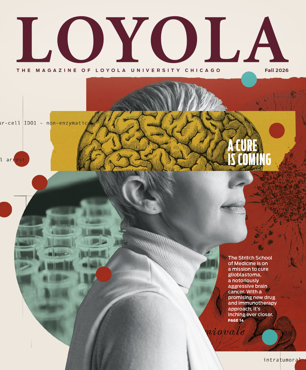 A collage-style photo illustration depicts a woman with short hair in profile with an image of a brain overlayed across her forehead and images of cells and beakers